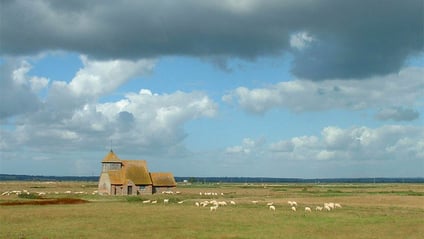 Fairfield church standing alone among grazing sheep on Romney Marsh